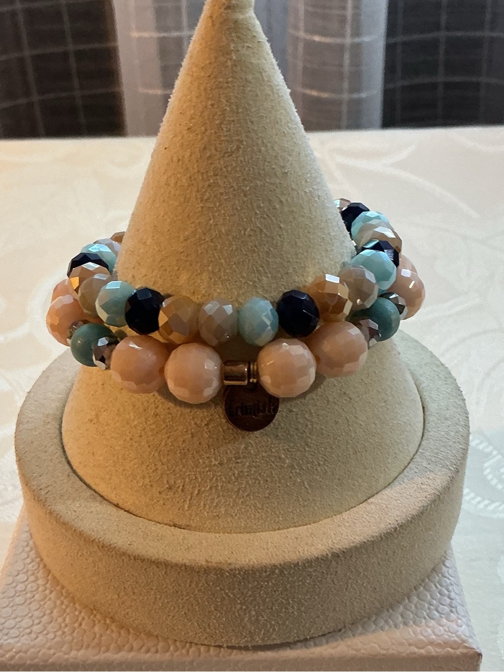 Erimish Stack Champagne and Teal Silver Tone Stretch Bracelets